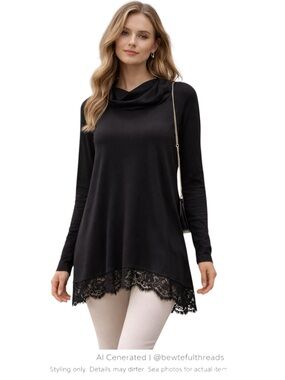 Parisian Minimalist Black Lace Hem Tunic Super Soft Lightweight